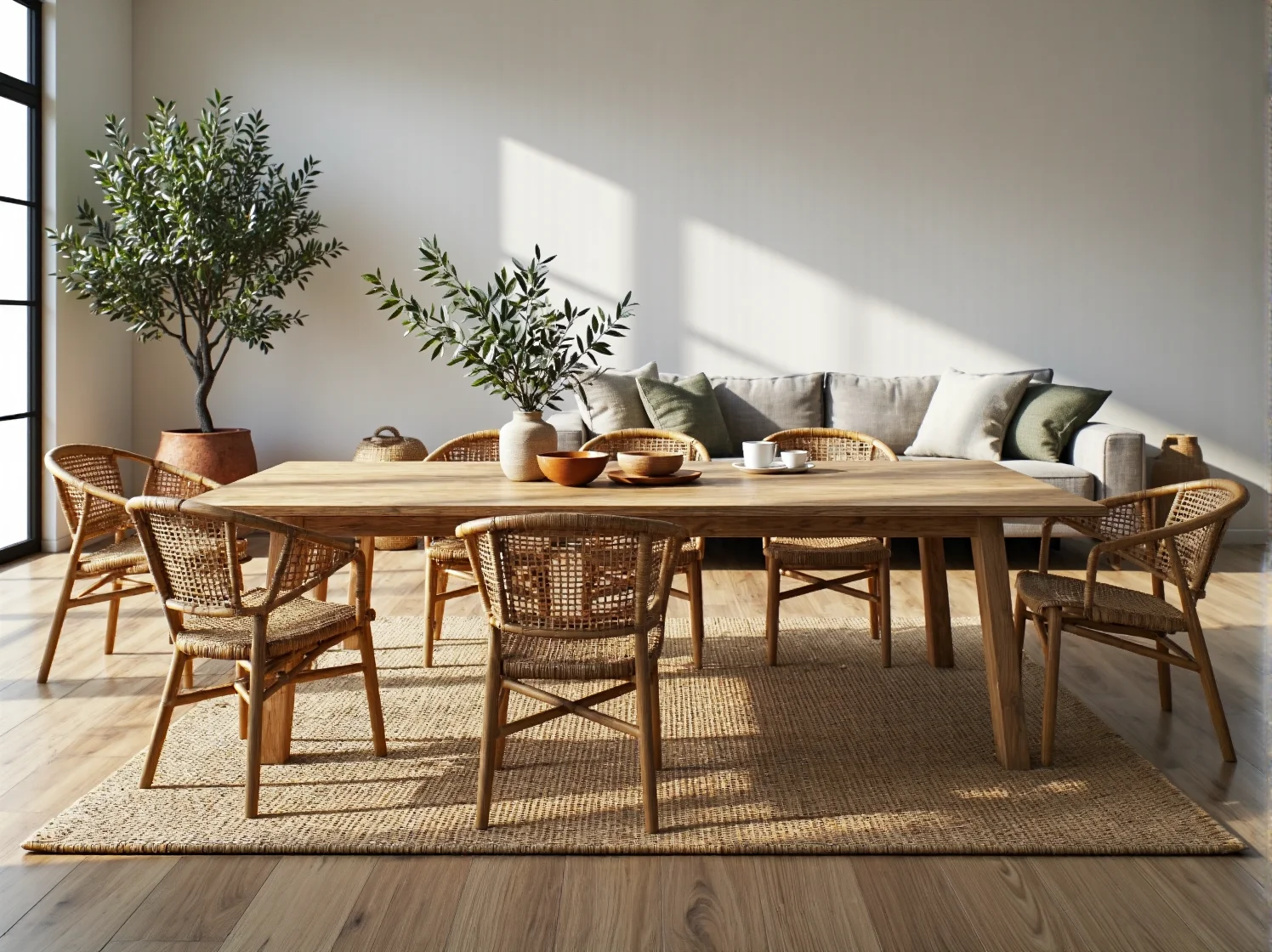 Drewniany stół jadalniany z rattanowymi krzesłami w naturalnym kolorze