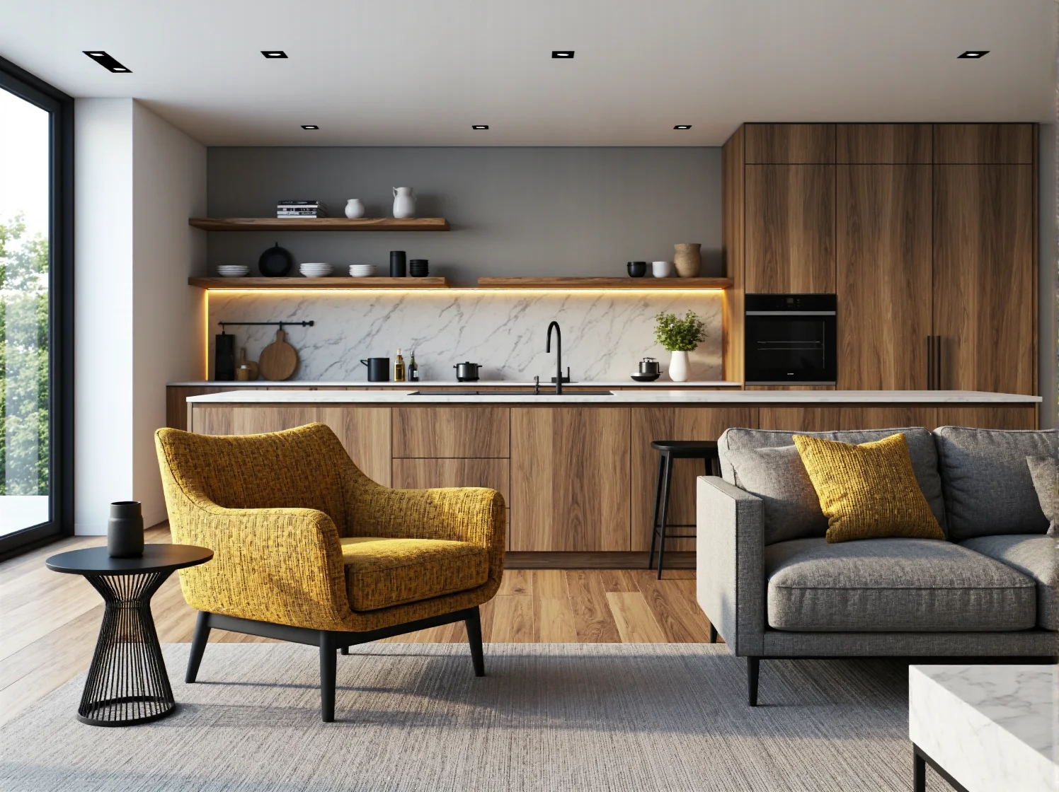 Wygodna sofa narożna w salonie z widokiem na nowoczesny aneks kuchenny.