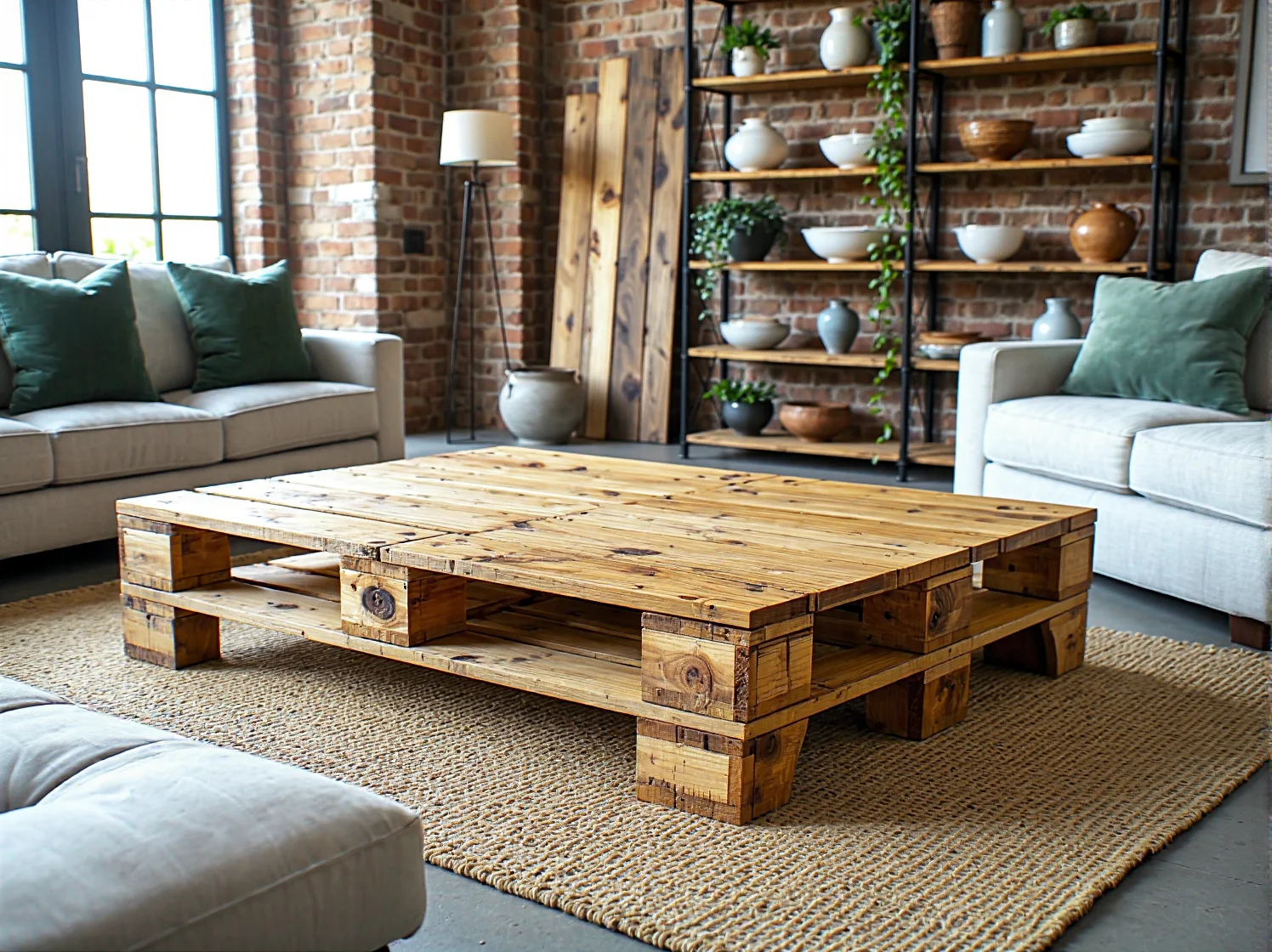 Niska ława z palet drewniana w naturalnym kolorze sosny