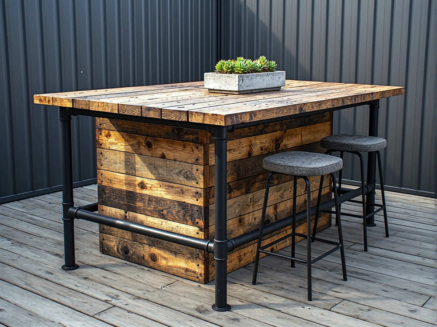 Wygodna sofa z palet na nowoczesnym patio w stylu industrialnym z roślinami.