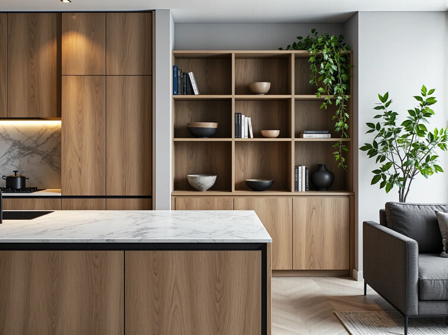 Spójna zabudowa meblowa w kuchni i strefie wypoczynkowej w jednym stylu.