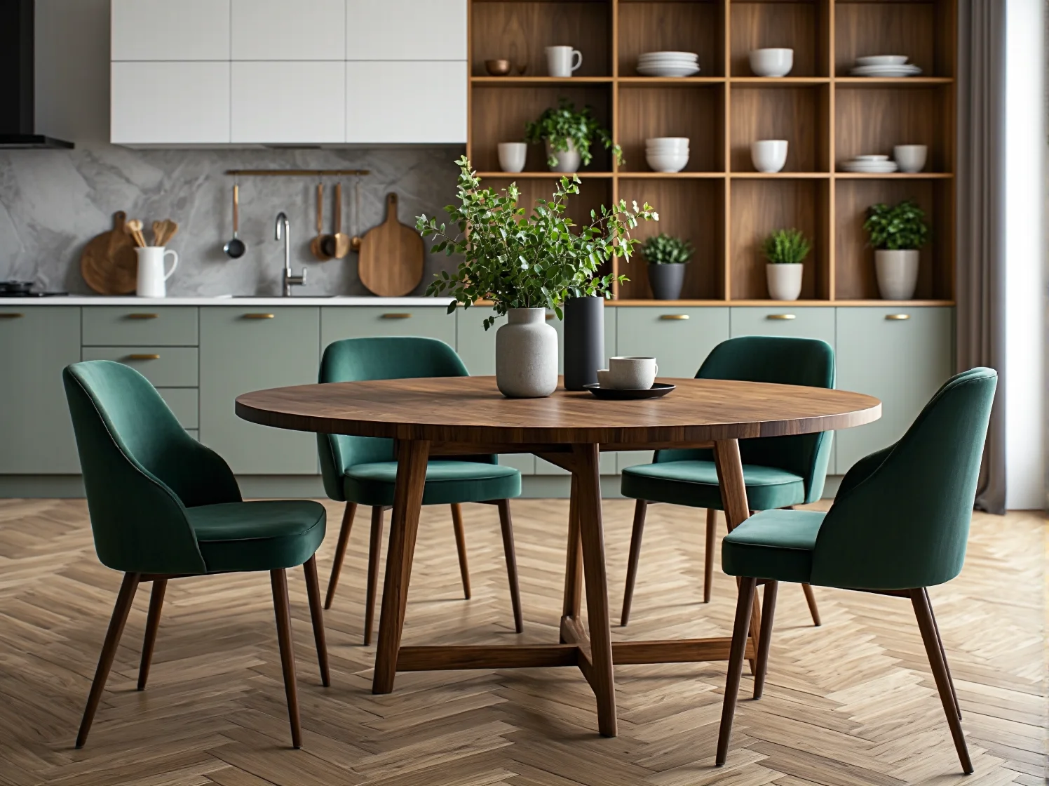 Stół jadalniany jako strefa łącząca aneks kuchenny z eleganckim salonem.