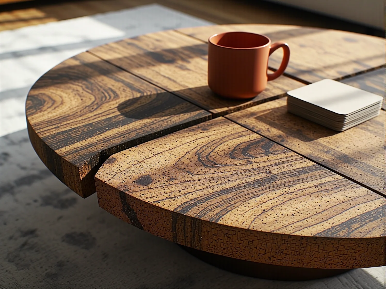 Detal blatu stołu kawowego wykonanego z biodegradowalnego bambusa i drewna z odzysku.