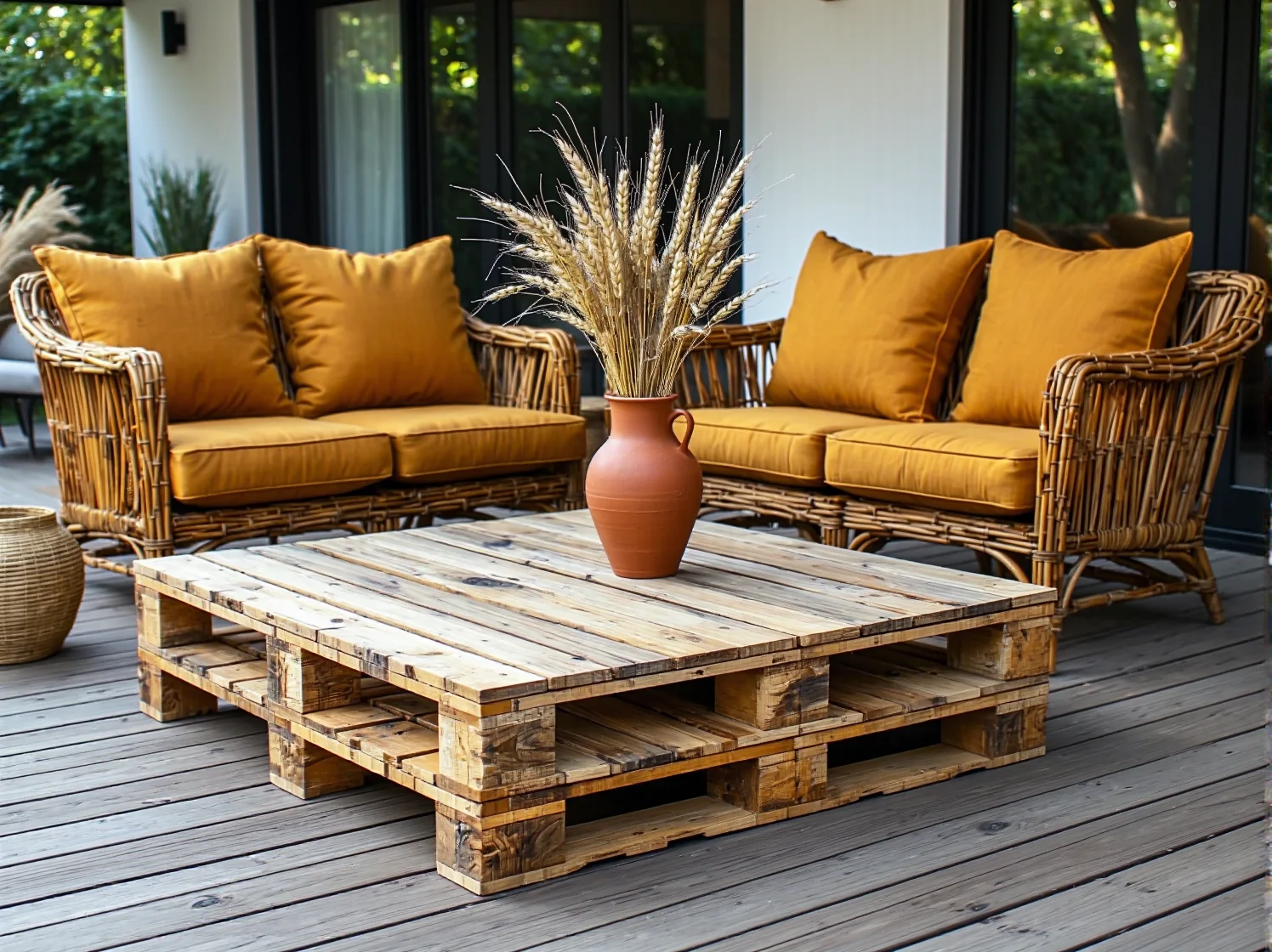 Masywny stół z naturalnego drewna i ławki w sielskim ogrodzie.