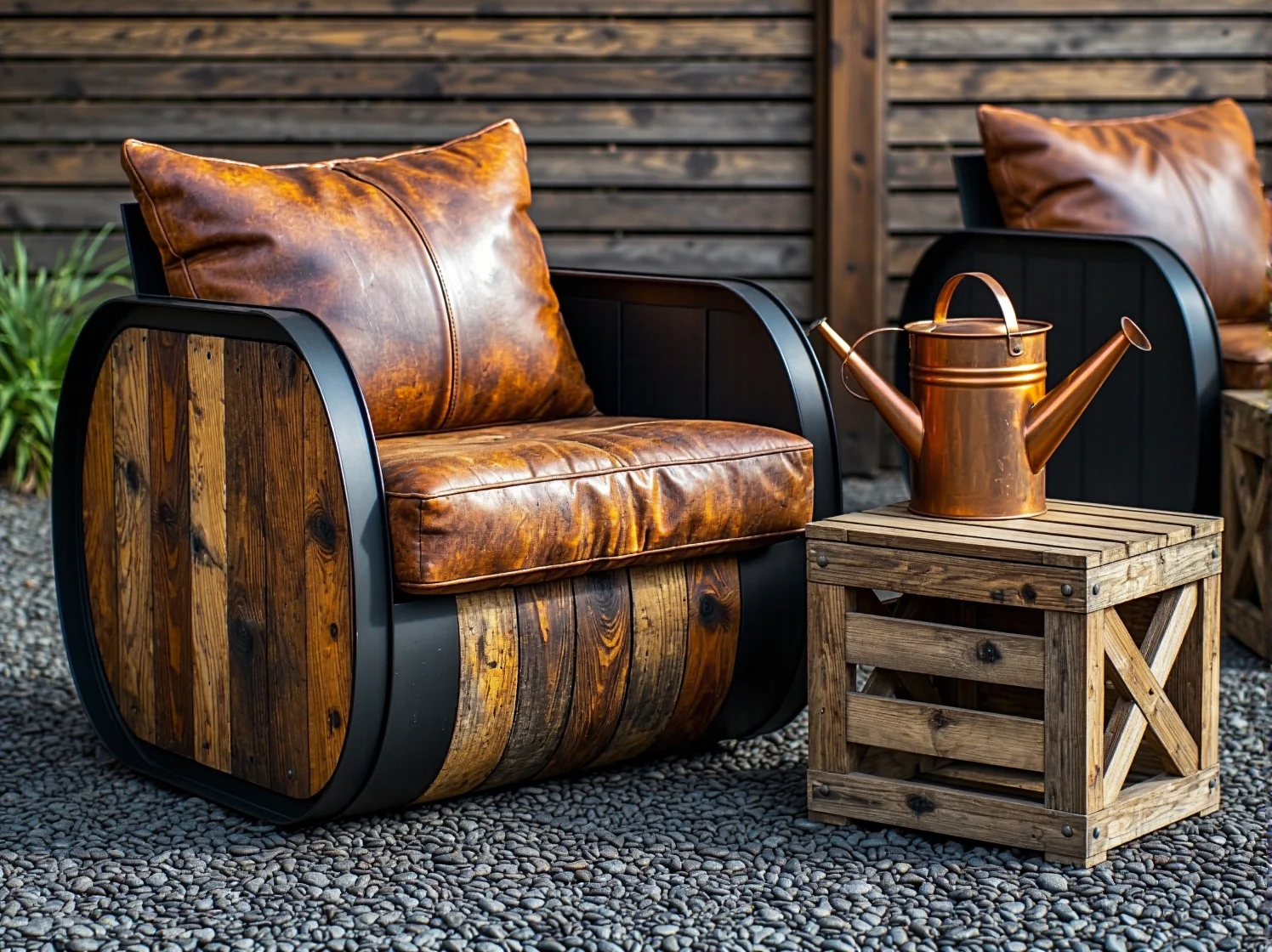 Stół z recyklingowego drewna i metalowe krzesła w industrialnej przestrzeni outdoorowej.