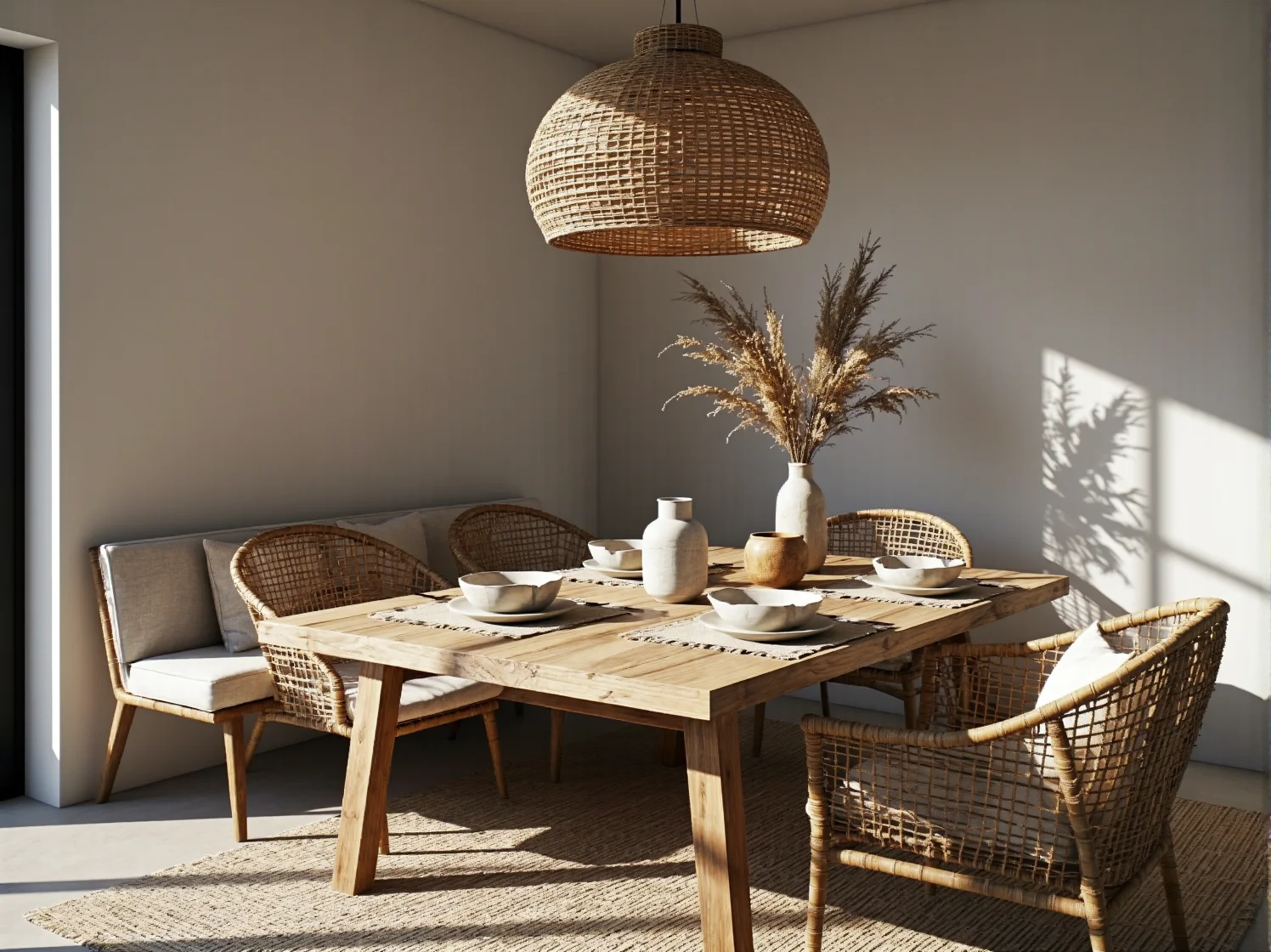 Strefa relaksu z beżową sofą i etnicznymi poduszkami boho.