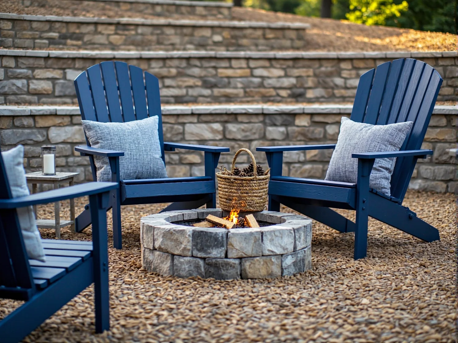 Strefa relaksu z ogniskiem w ogrodzie podczas letniego wieczoru