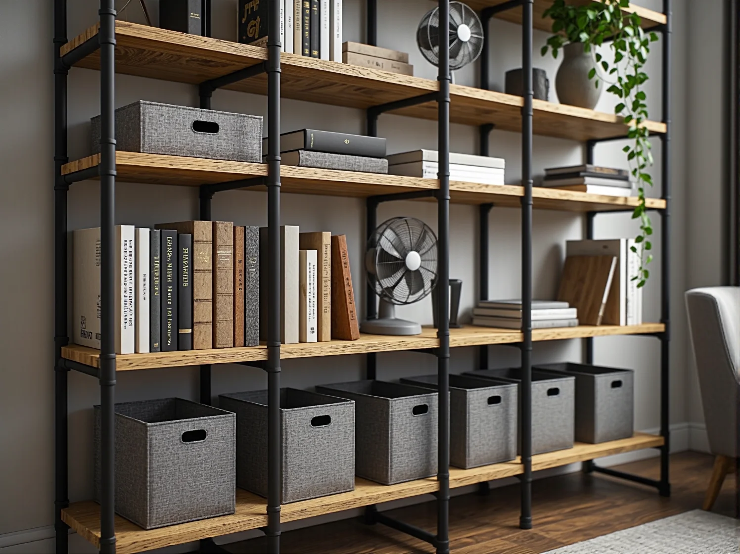 Surowy design regału w stylu industrialnym z dębowymi półkami.