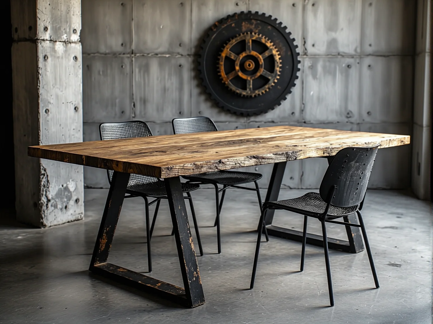 Surowy regał industrialny z metalu i drewna w lofcie.