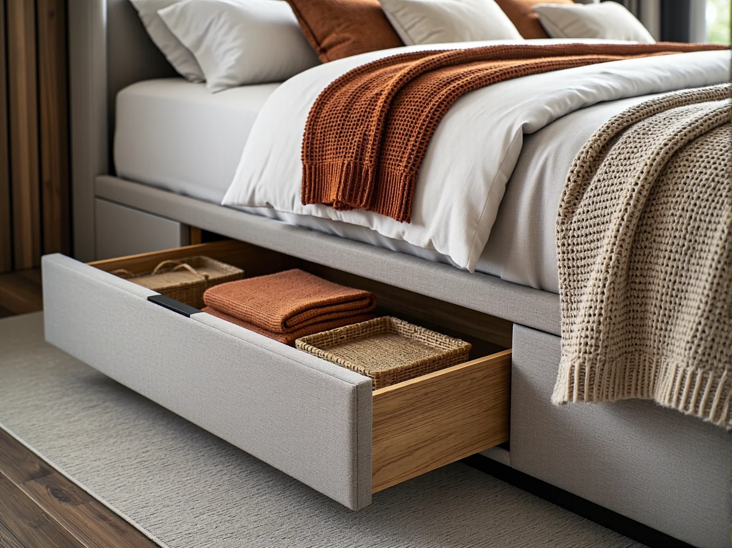 Eleganckie łóżko sypialniane z pojemnikami na pościel dla całej rodziny.