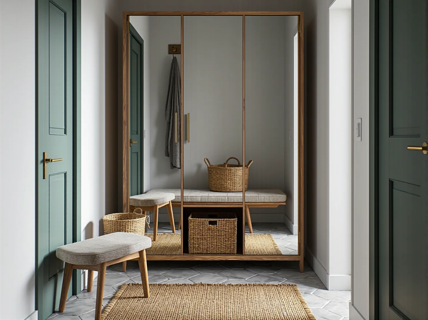 Praktyczna szafa do kawalerki z dużym lustrem oszczędzająca przestrzeń.