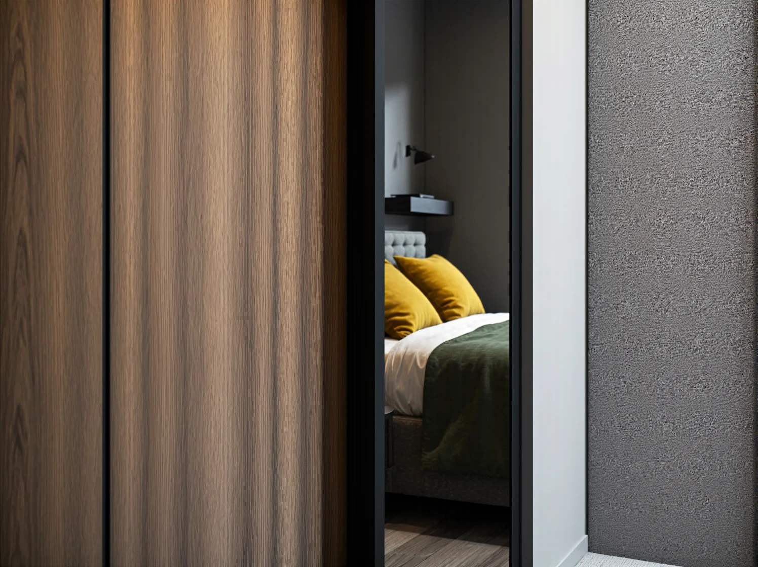 Pojemna szafa przesuwna z lustrzanymi frontami w jasnym mikroapartamencie.