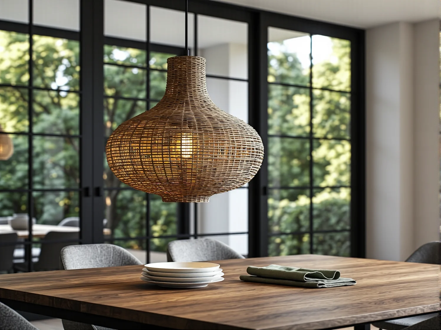 Szklane oprawy oświetleniowe w słonecznej kuchni.