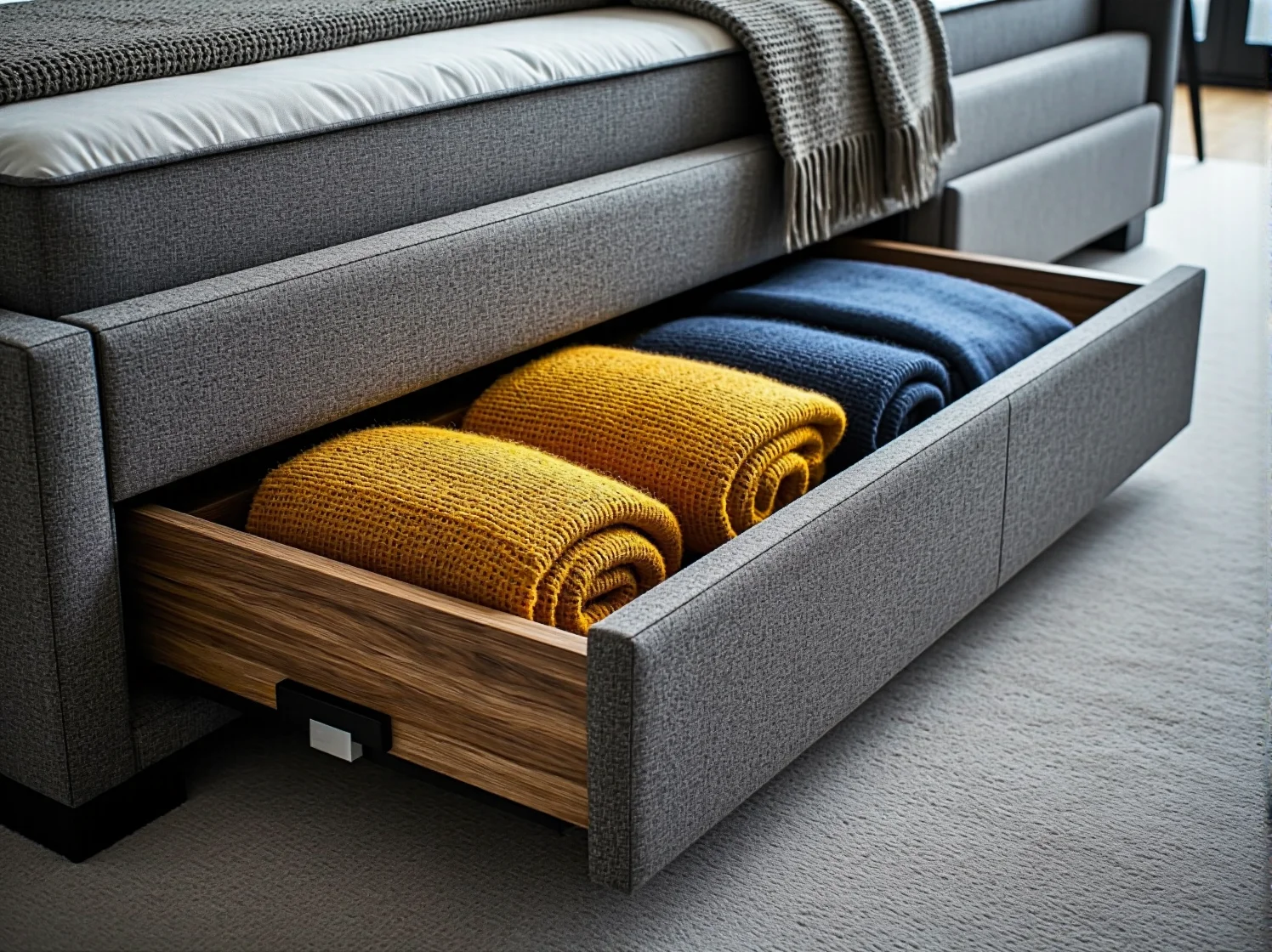 Pojemne szuflady w łóżku kontynentalnym ułatwiające przechowywanie rzeczy.