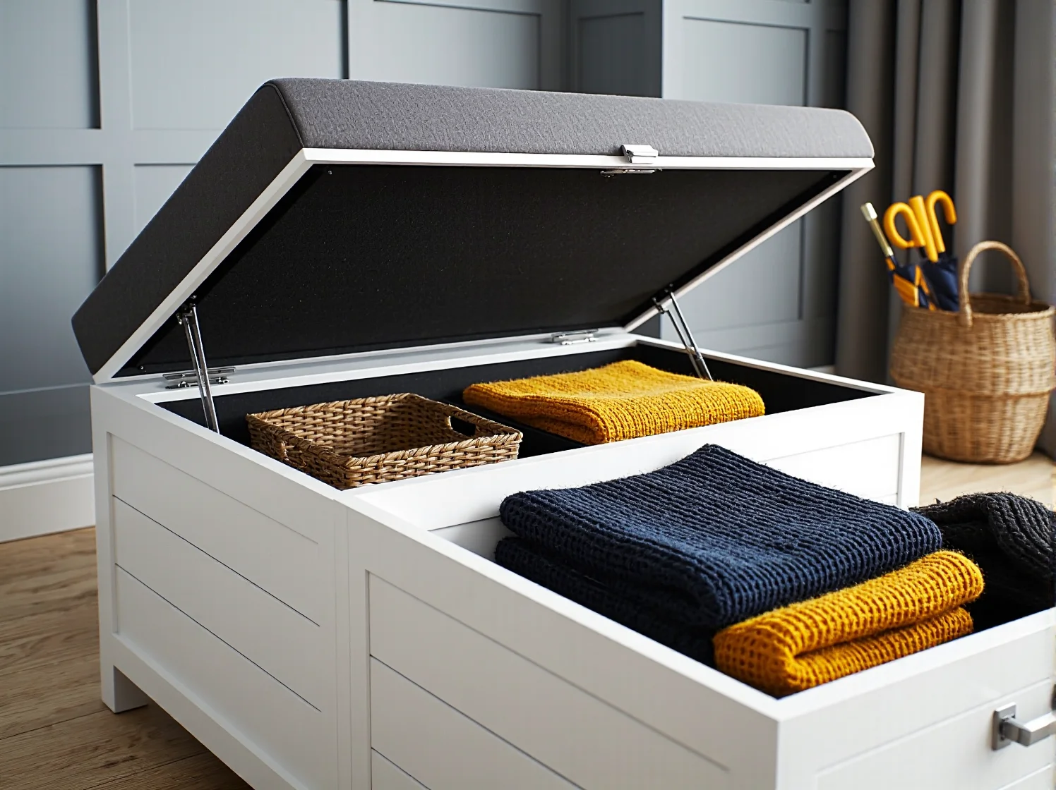 Tapicerowane siedzisko do przedpokoju z otwieranym pojemnikiem na buty i akcesoria.