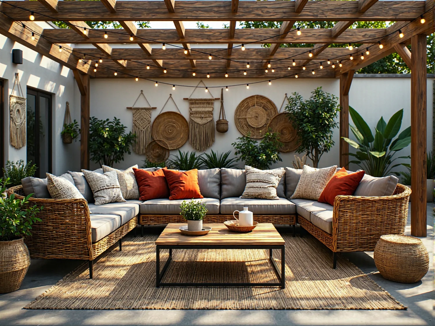 Rattanowy narożnik ogrodowy z szarymi poduszkami i stolikiem