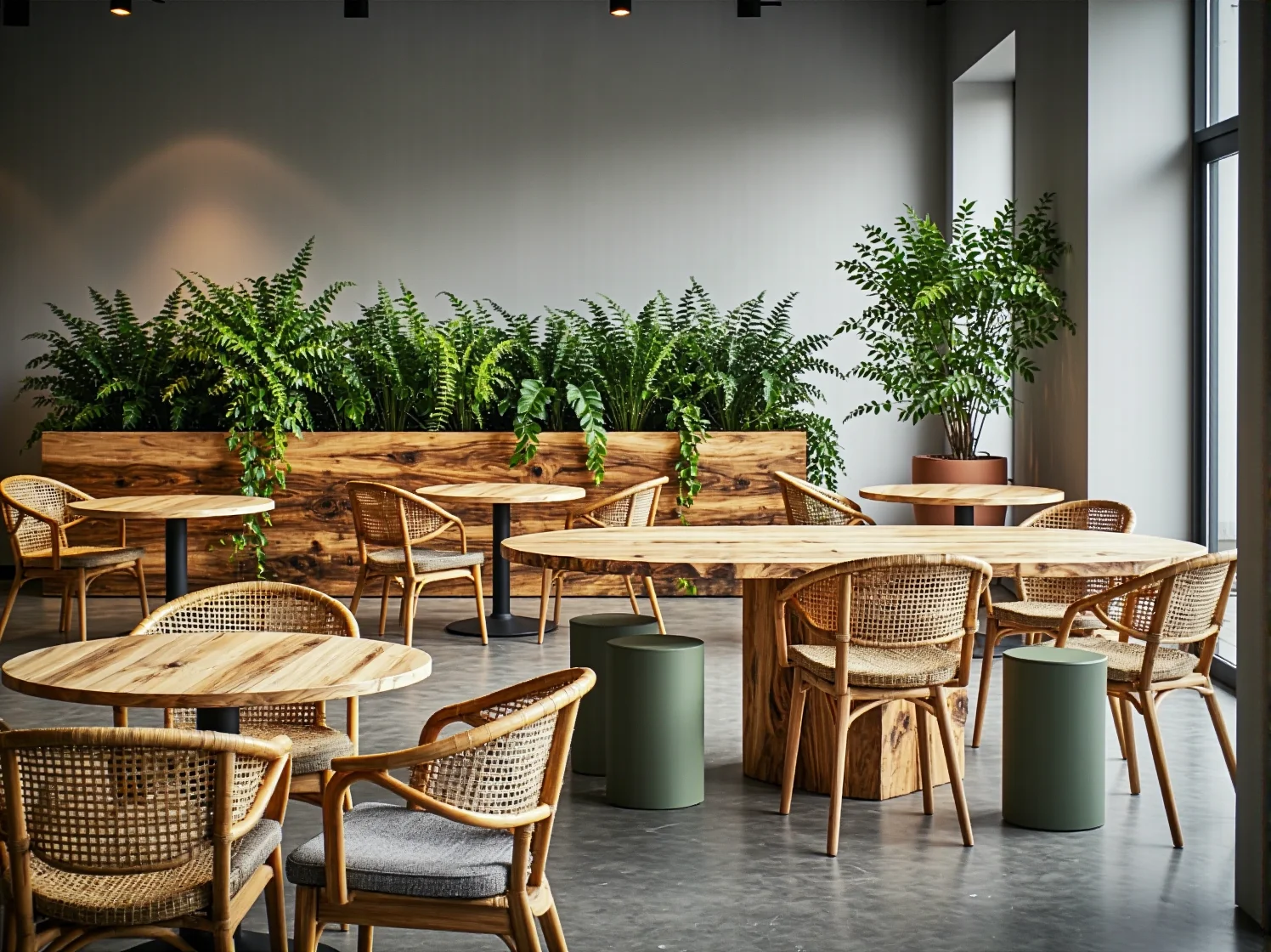 Rattanowe krzesła z szarymi poduszkami przy drewnianym stole