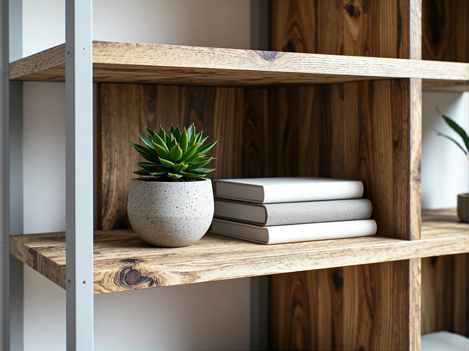 Zbliżenie na solidne, dębowe półki gwarantujące trwałość regału.