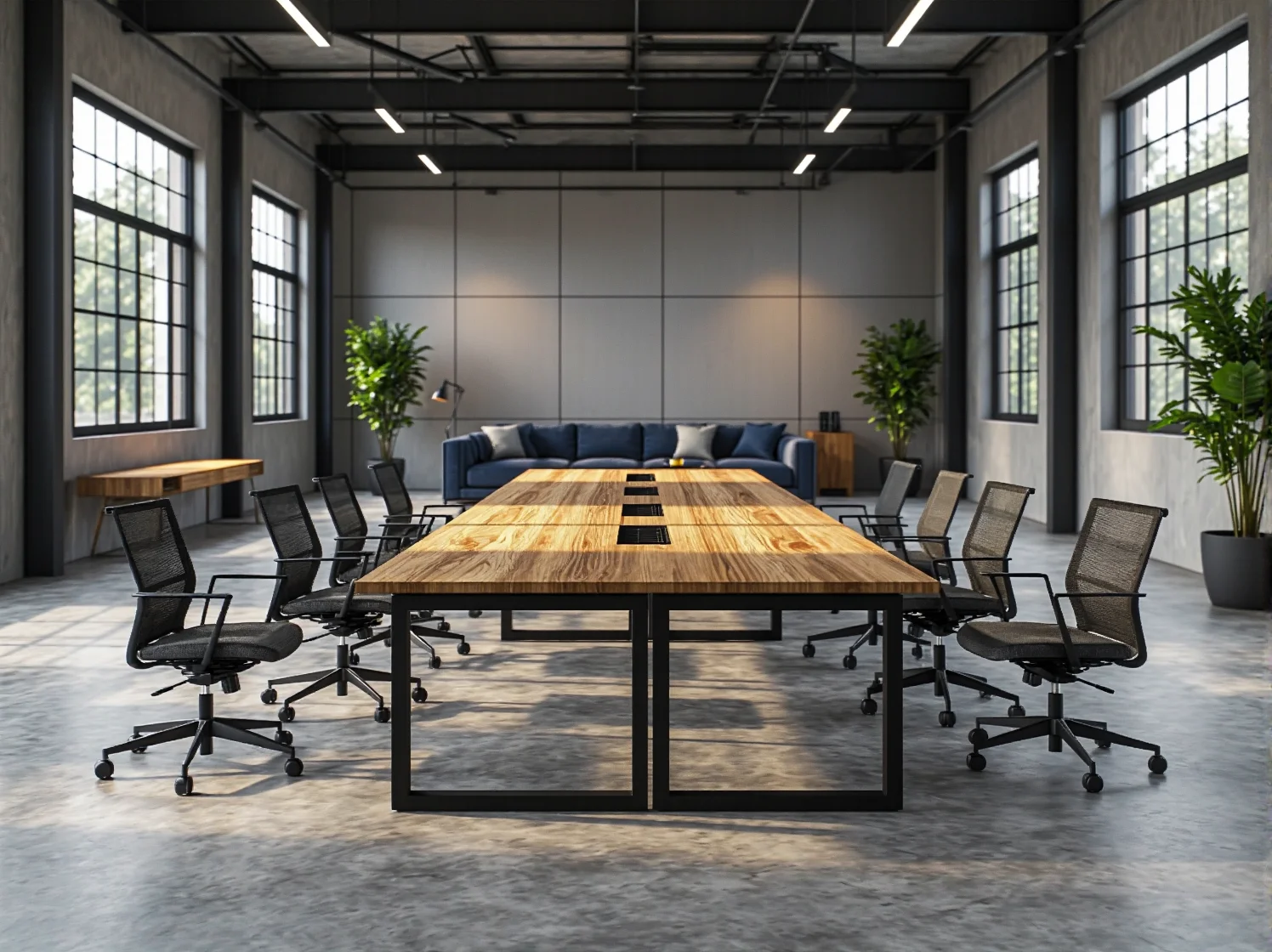 Duży stół konferencyjny drewniany na metalowej ramie z krzesłami biurowymi