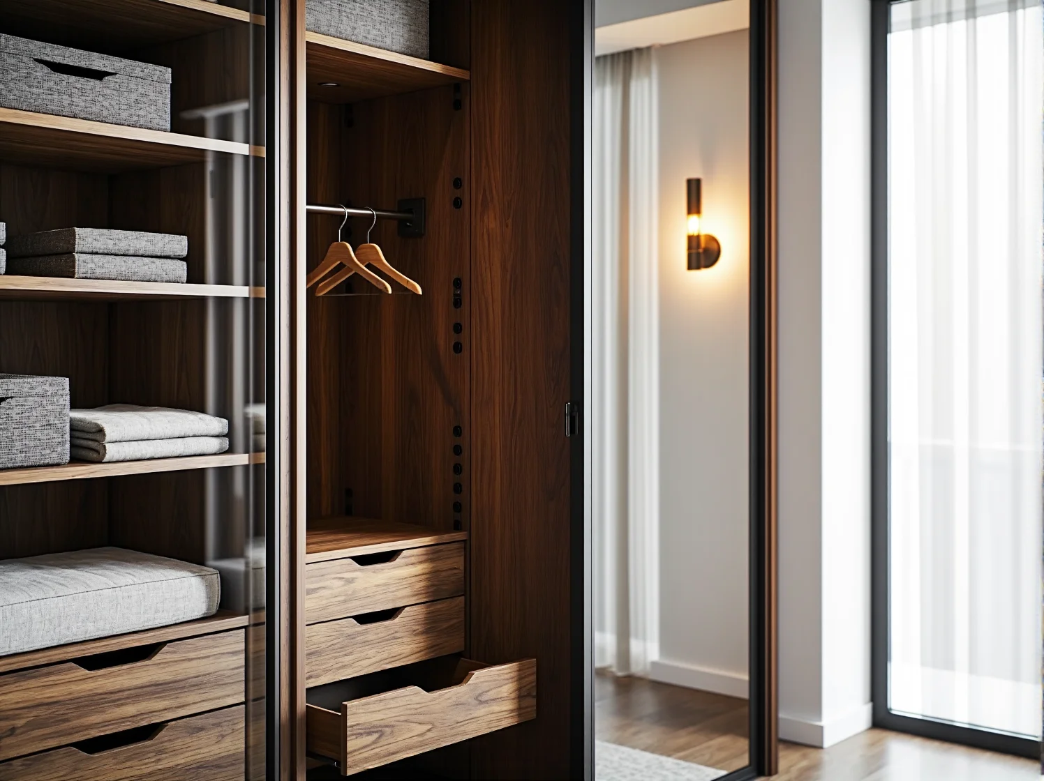 Nowoczesna wąska szafa z lustrem, która optycznie powiększa mały pokój.