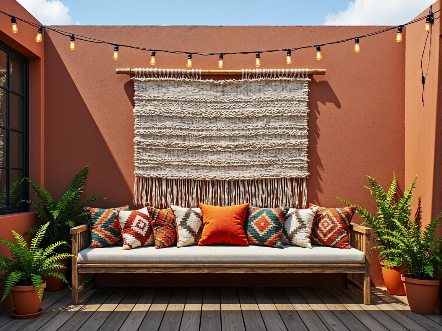 Wieczorny klimat na tarasie w stylu boho oświetlonym girlandą z żarówkami LED.