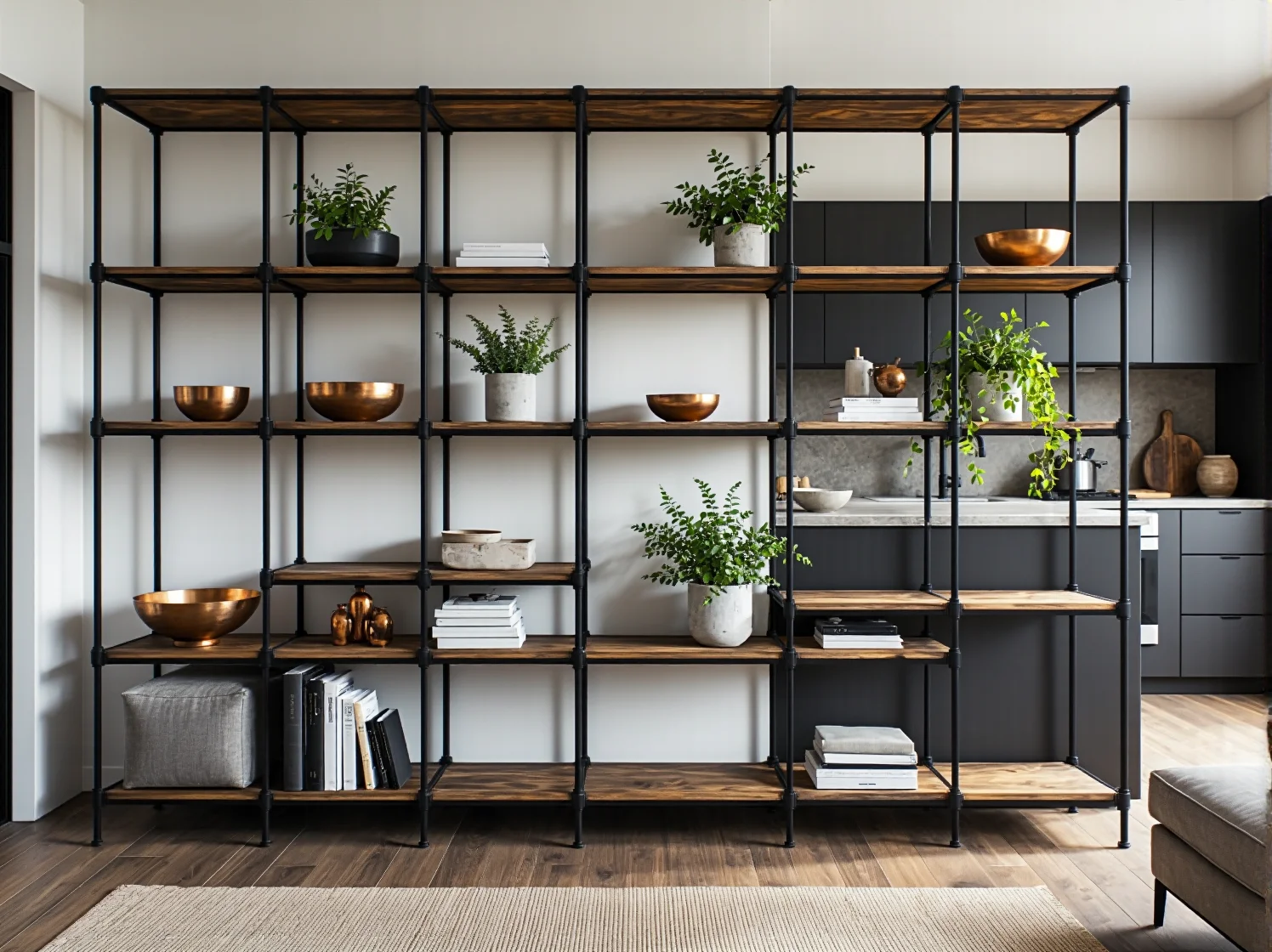 Witryna industrialna z modnym ryflowanym szkłem i metalową ramą.