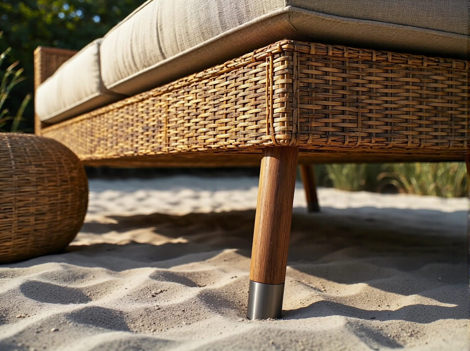 Wygodna sofa ogrodowa tworząca oazę relaksu nad wodą. Wodoodporne poduchy i solidna konstrukcja.