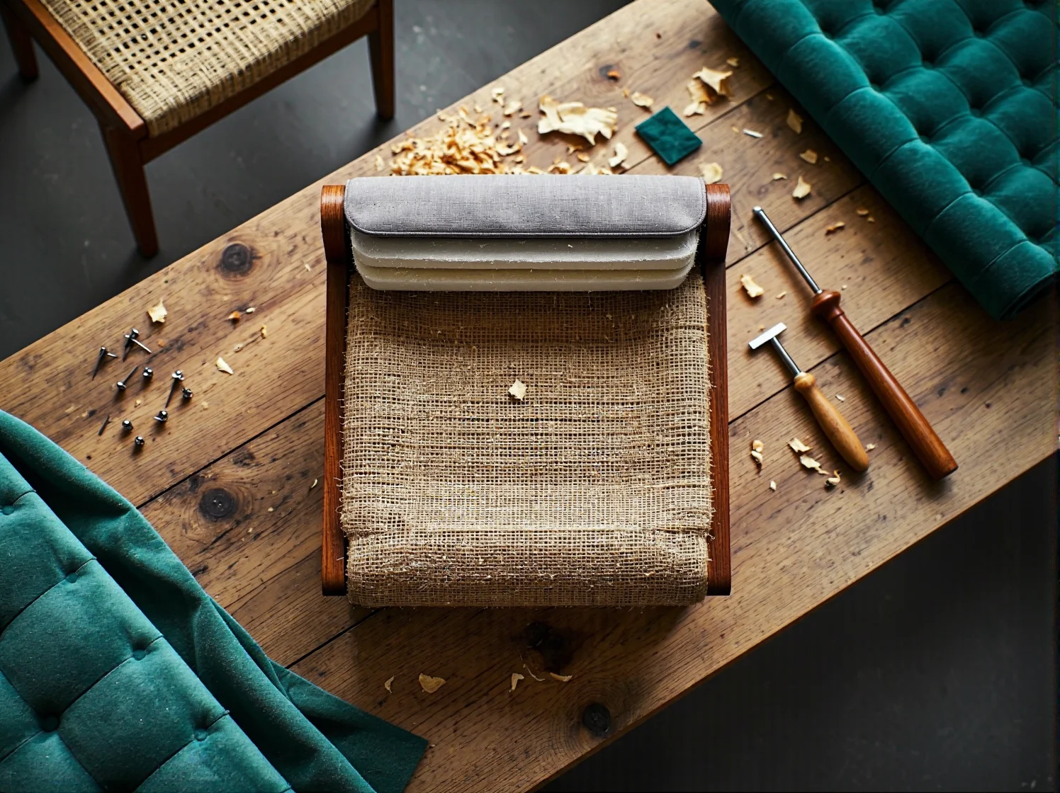 Tapicerowanie krzesła retro nową tkaniną przy użyciu zszywacza.