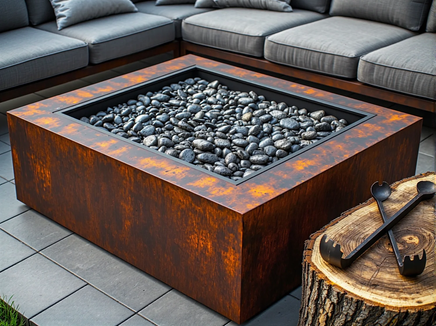 Wygodne meble ogrodowe ustawione wokół nowoczesnego paleniska