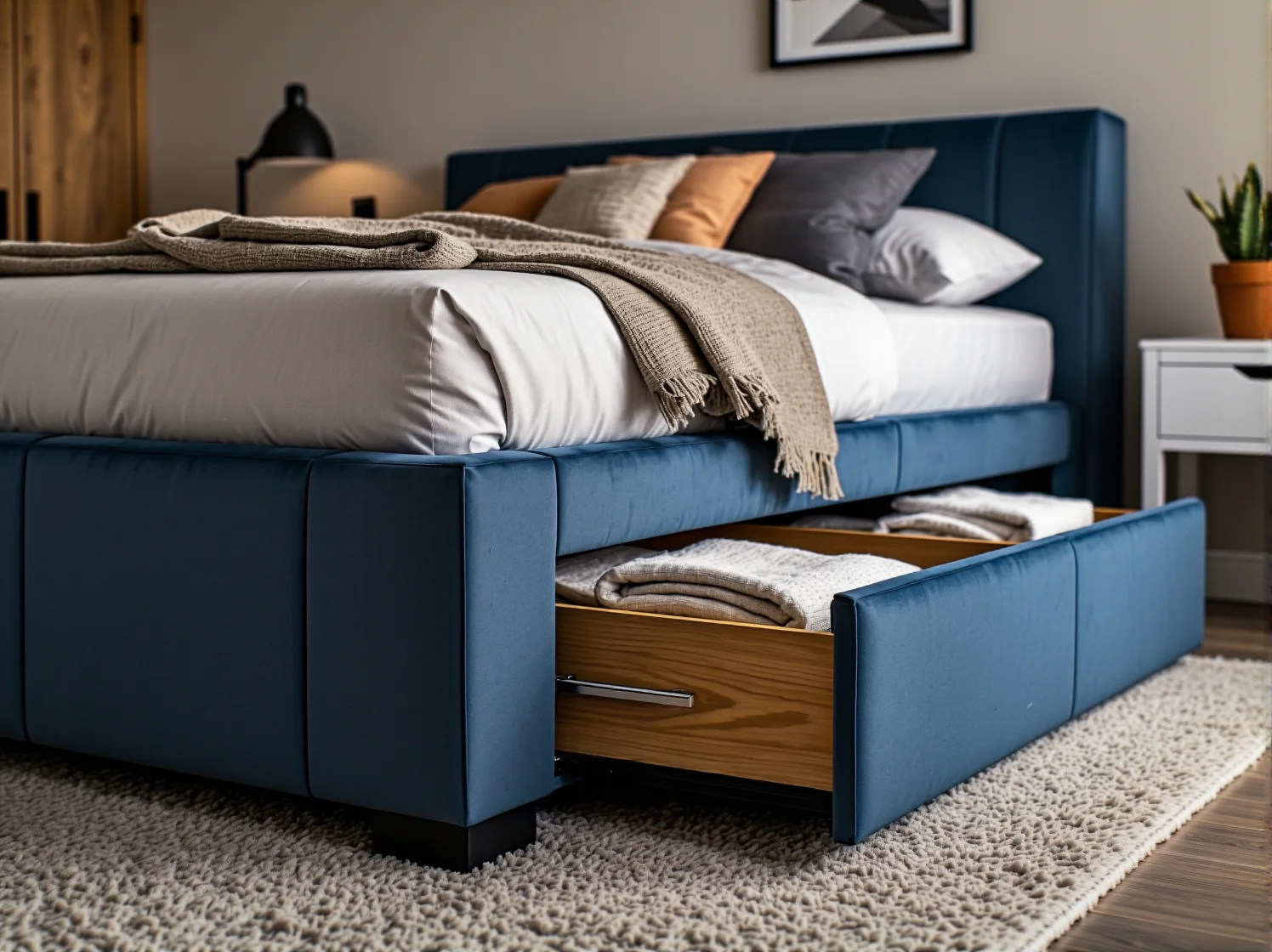 Wysokie wezgłowie łóżka kontynentalnego jako główna ozdoba małego pokoju.