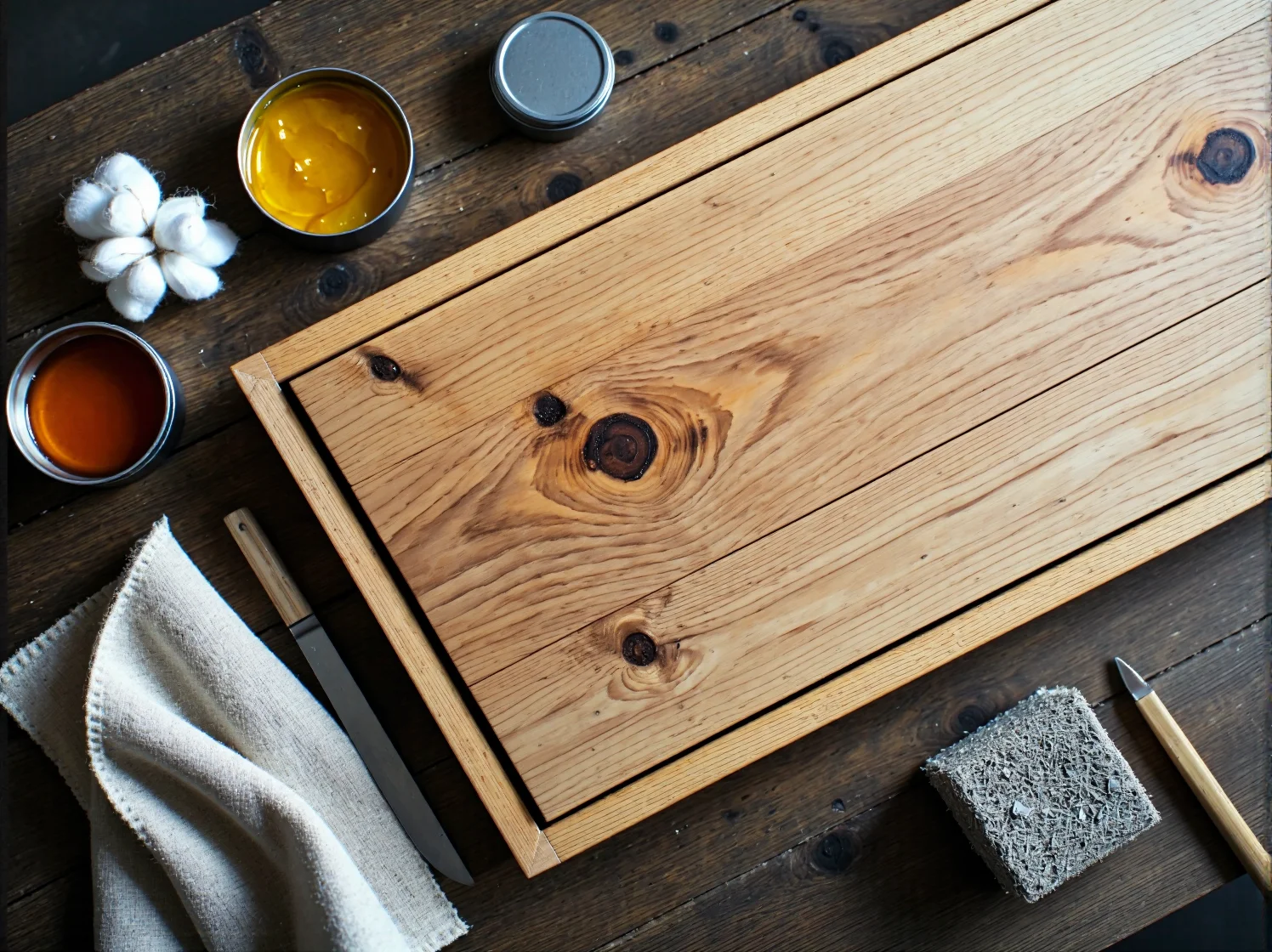 Ręczne nakładanie oleju ochronnego na oczyszczoną powierzchnię drewna.