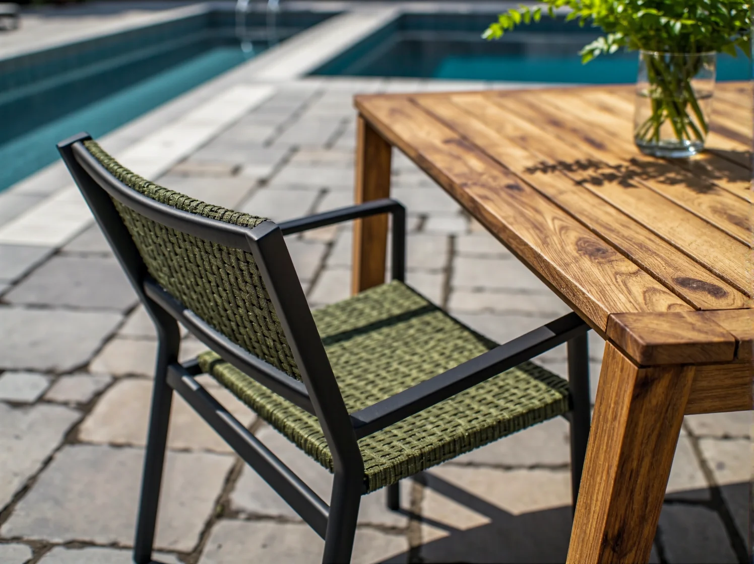 Nowoczesny zestaw mebli na tarasie nad jeziorem. Wybór materiałów odpornych na ostre słońce.