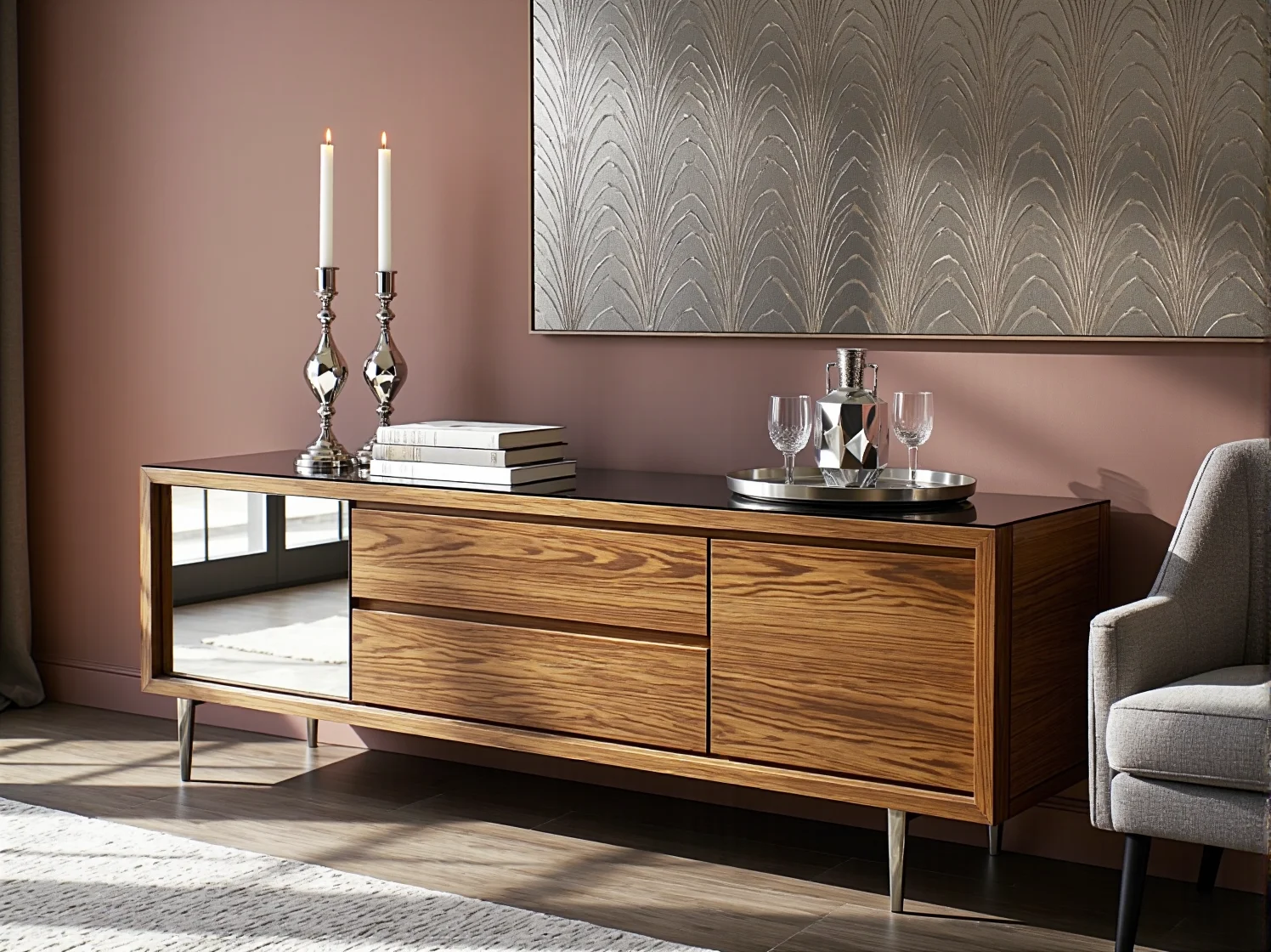 Elegancki okrągły stół i złote dodatki w jadalni w bloku.