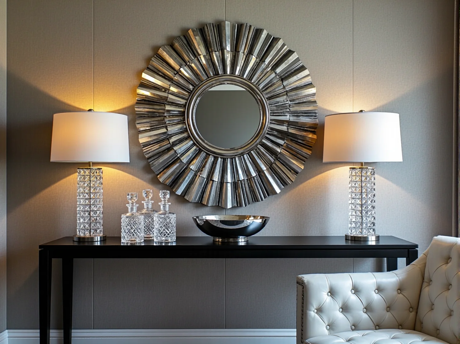 Złote lustro i kryształowe kinkiety jako dekoracja ściany w salonie glamour.