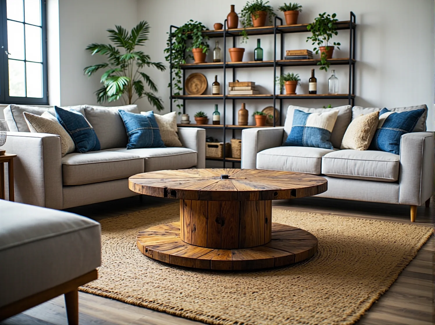 Beżowy komplet wypoczynkowy z okrągłym drewnianym stolikiem kawowym